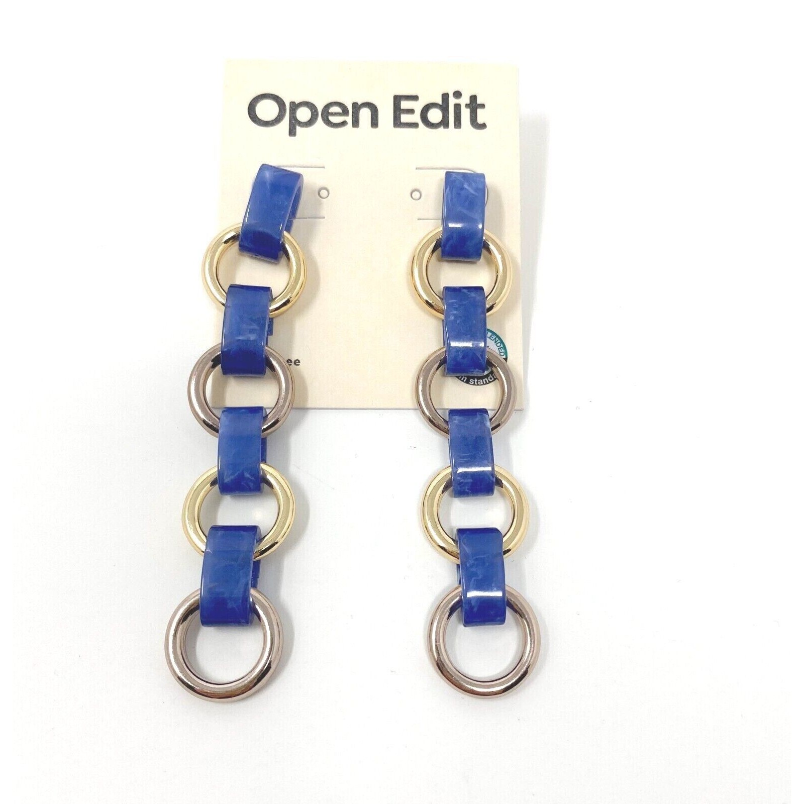 Open Edit Blue Marbled Link Drop Earrings Goldtone Post Back Recycled Materials